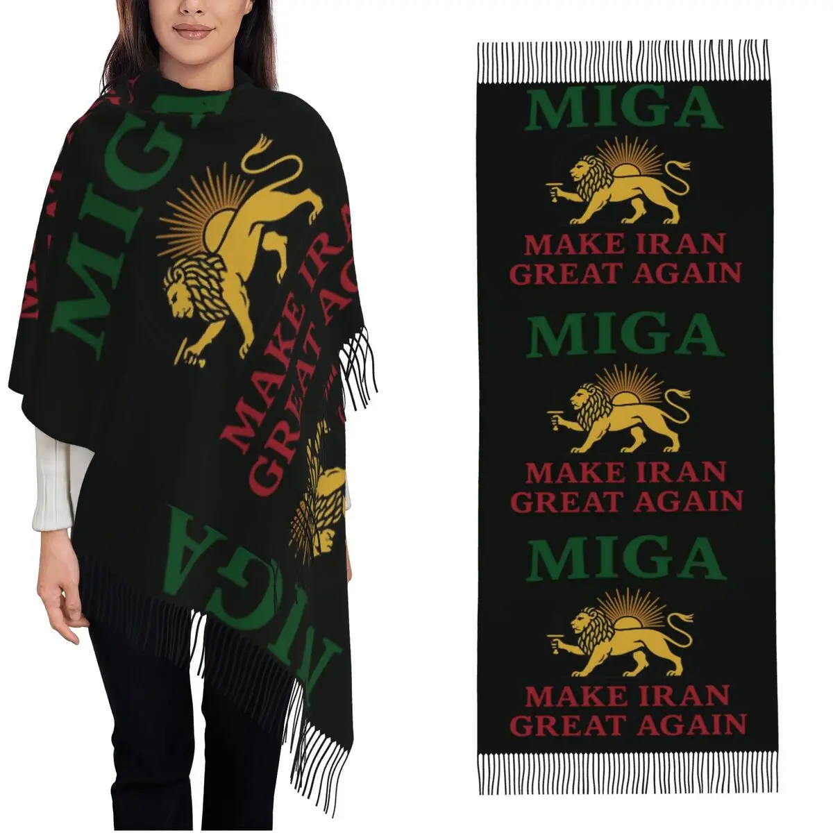 

Женский шарф для улицы с надписью «Make Iran Great Again» (MIGA), головные платки с длинными кисточками, модные шали и накидки, осенние индивидуальные буфанда