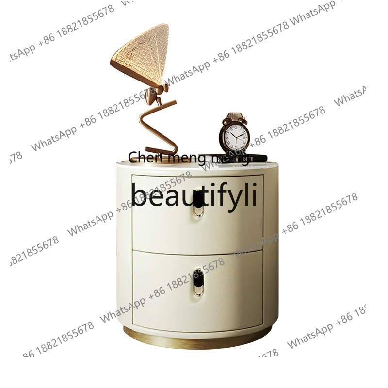 

Round Cream Wind Bedside Table Light Luxury Side Cabinet Bedroom Solid Wood Slate Storage Cabinet H