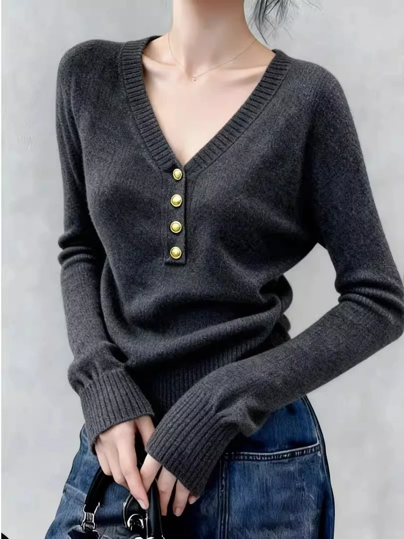 

Женский вязаный свитер с V-образным вырезом, мягкий и уютный базовый слой, корейский стиль, для повседневной носки, осенне-зимний модный топ