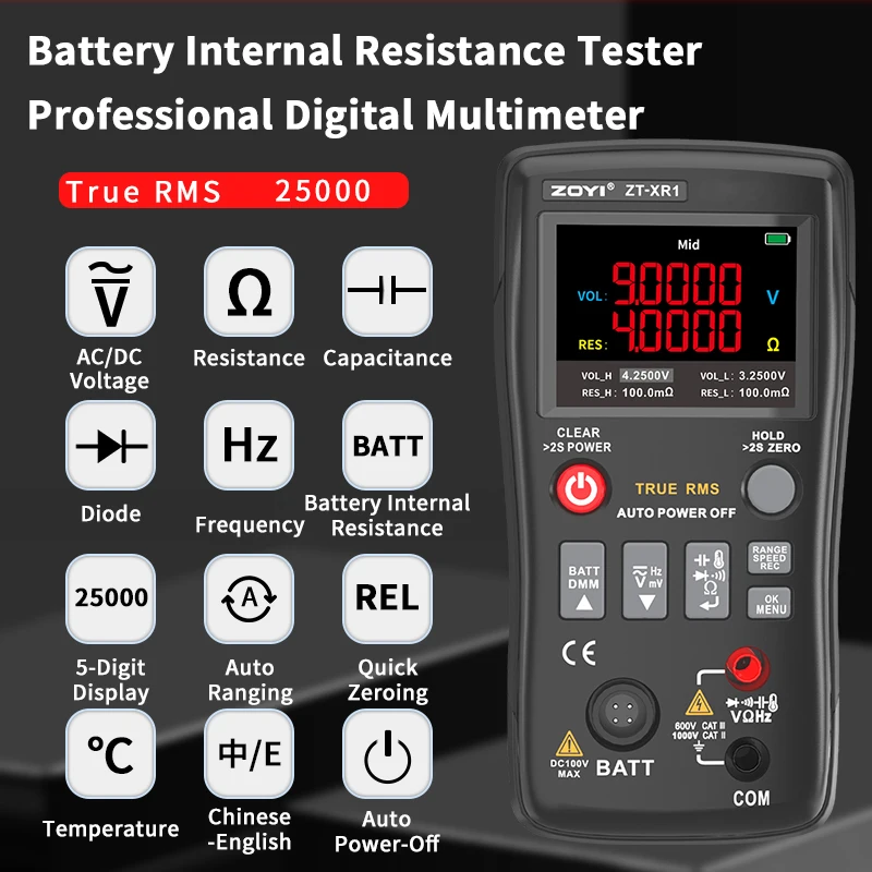 ZOYI ZT-XR1 2-in-1 Lithium Battery Multimeter Internal Resistance Tester High Precision Voltage Resistance for 18650 Accumulator