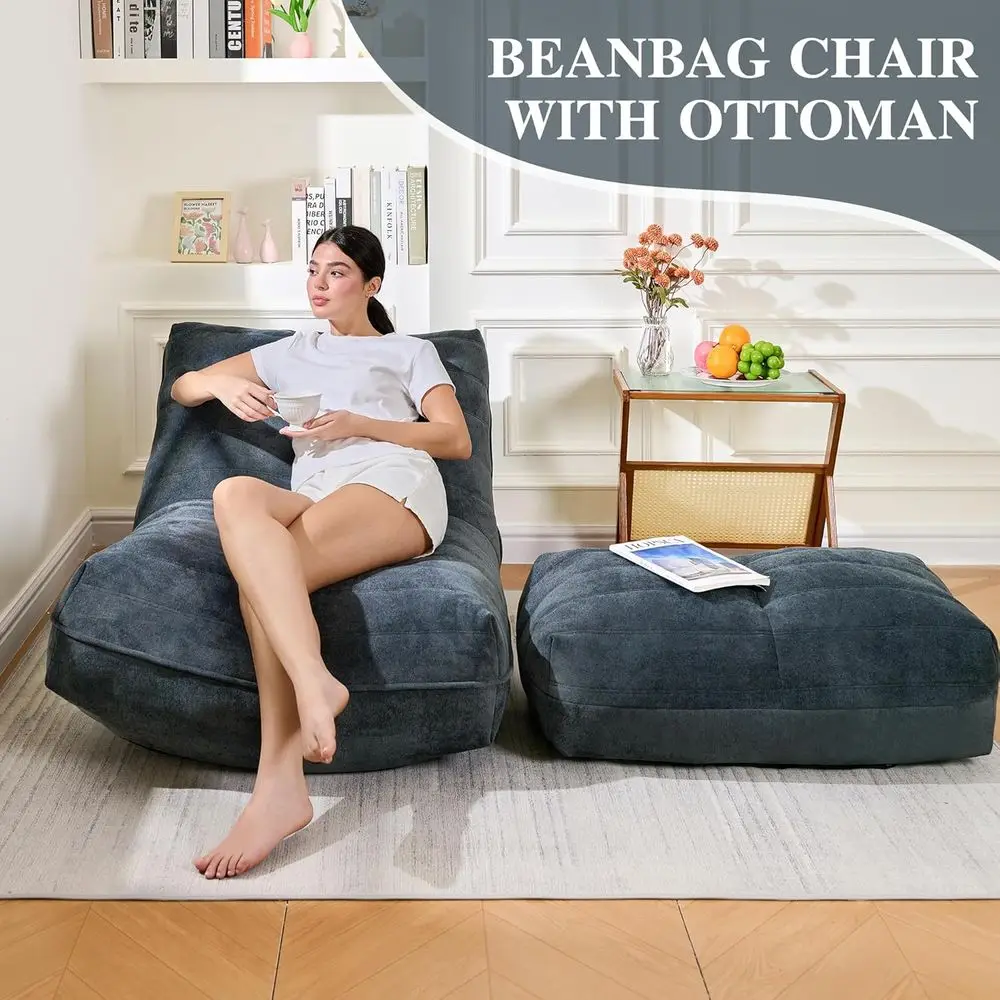 أريكة بين باج من إسفنج الذاكرة مع مسند، أريكة كسولة مريحة لغرف المعيشة وغرف النوم والشقق - أزرق رمادي #3