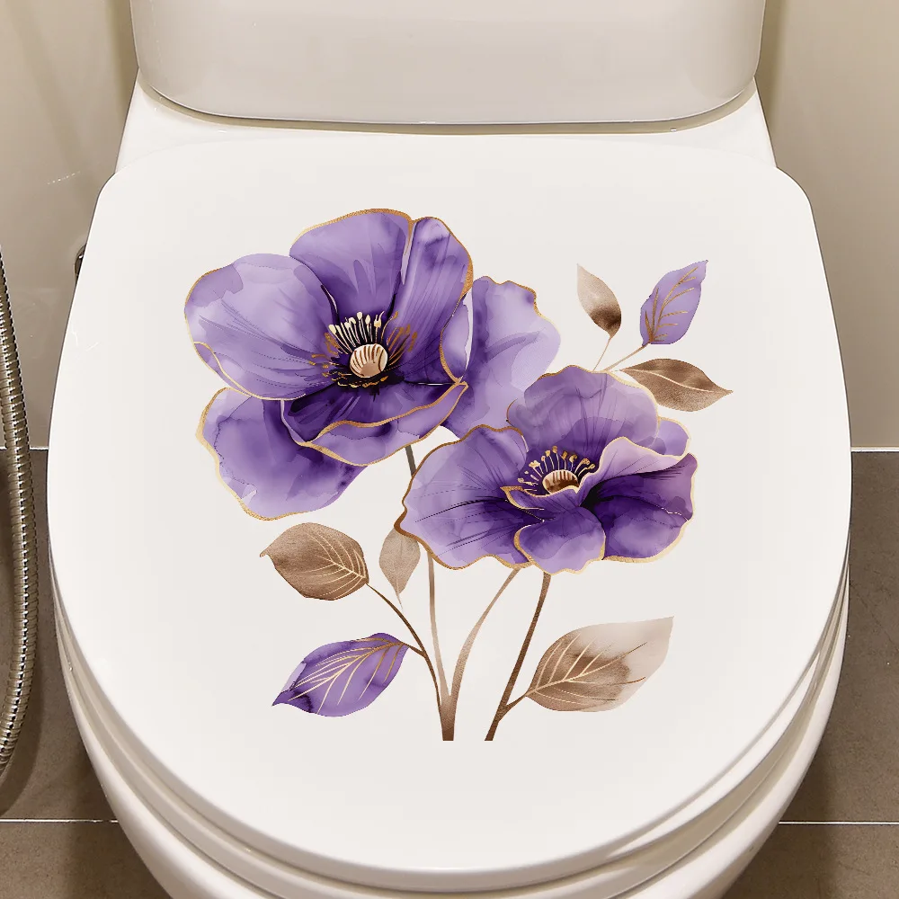 Purple Flowers Decorative WC Toilet Cover Wall Sticker For Toilet Decoration Bathroom Decoration Adhesive Wallpaper Wall Decor