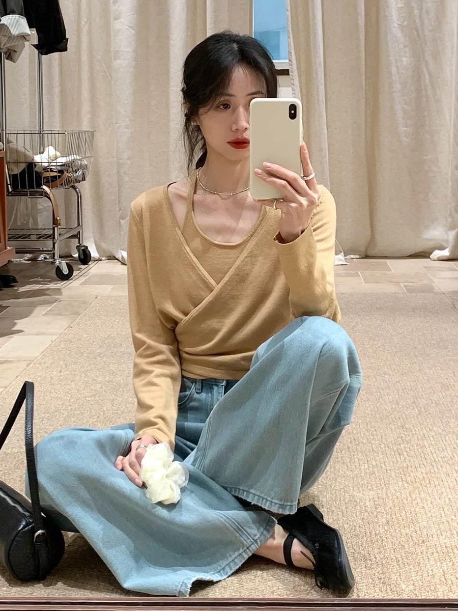 

BRIVIN Korean Sle Orange Vest Strap Knitted Sweater Two Piece Set Women Casual Top Faionable Commute Wind V Ne Long Sve