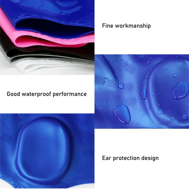 Gorro de natación de silicona con protección para los oídos para mujeres y hombres, gorro de piscina agrandado impermeable de pelo largo