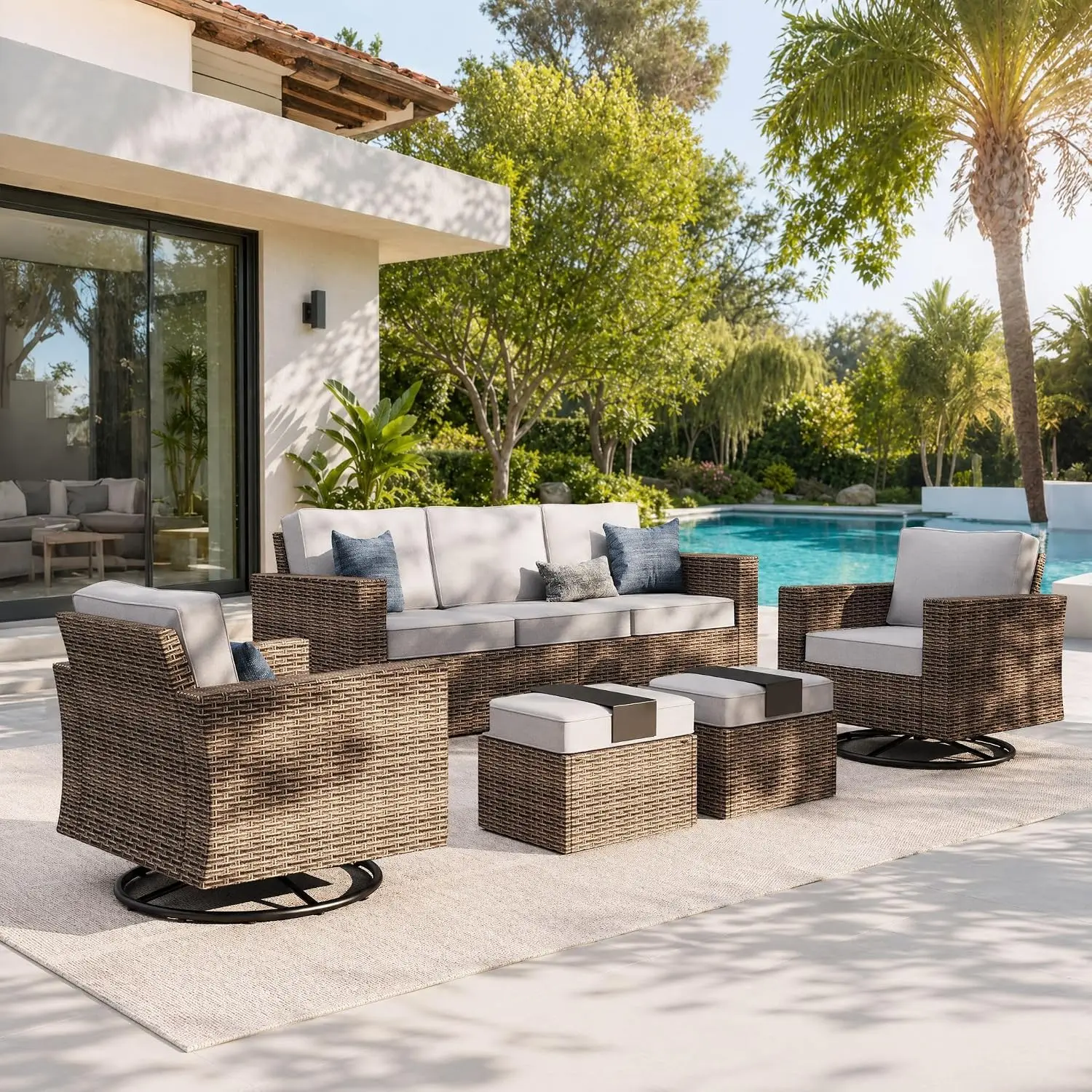 5-Piece Patio Sofa Set With Wide Arm For Outdoor Garden, Grey, Customized