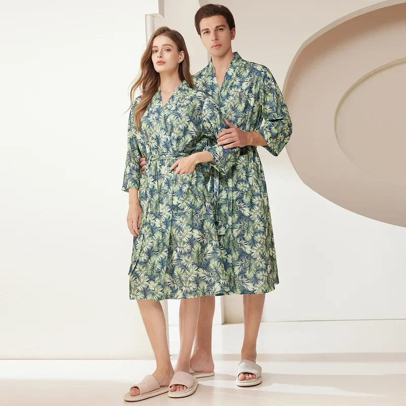 Men's and Women's Palm Leaf Printed Waistband Bathrobe Spring and Summer Thin Absorbent Quick Drying Bath Robe for Couples