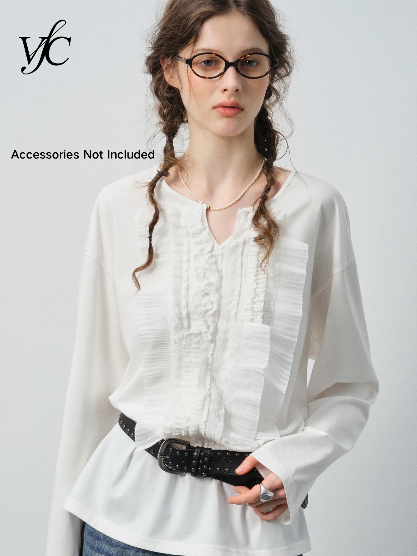 

Vega Chang Women's Shirt New Autumn and Winter V-Neck Pleated Lace Decoration Casual Versatile Long-Sleeve T-Shirt [Belt Not Included]