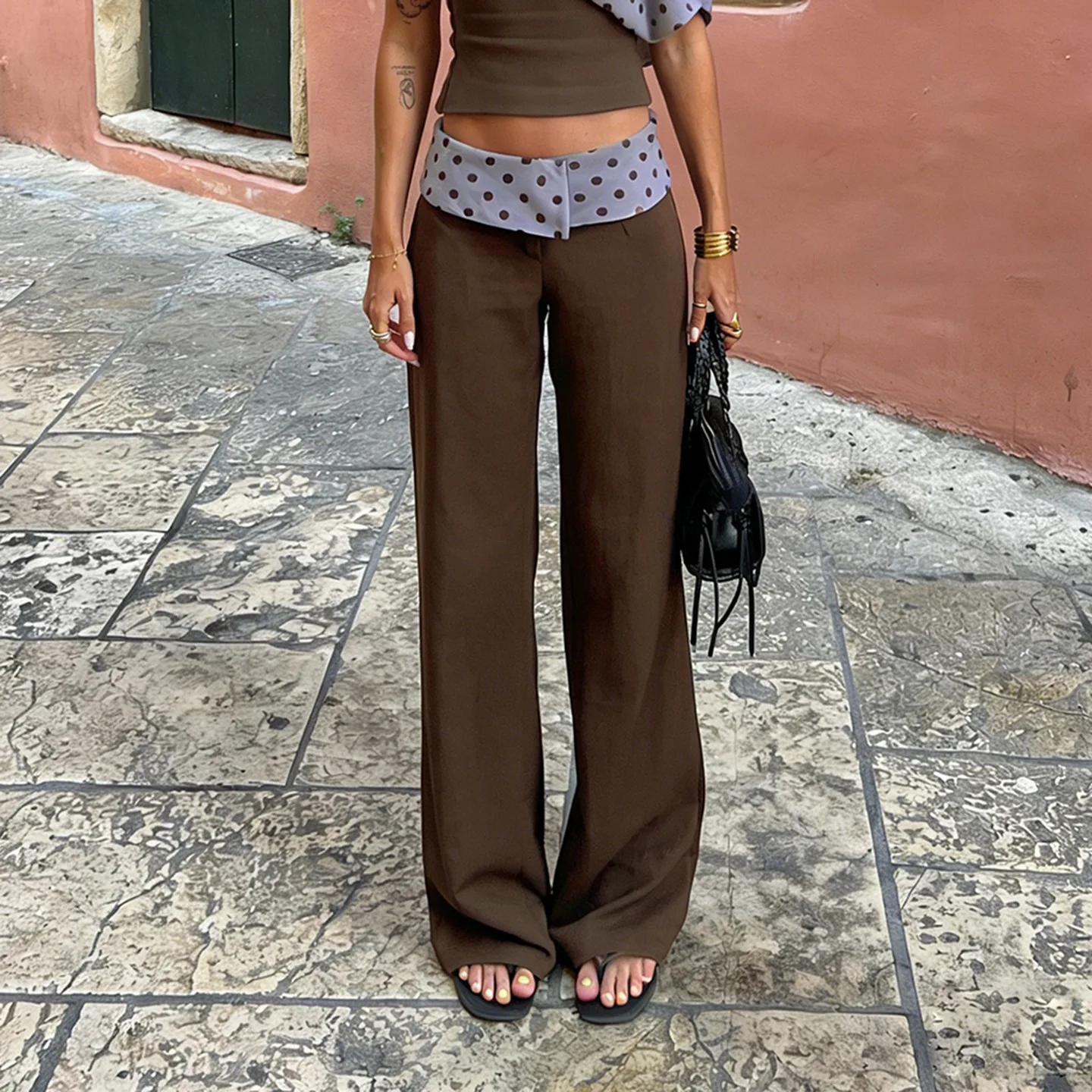 Women's Polka Dot Fold-over Waist Wide Leg Pants, Low Rise Flared Trousers Y2K Retro Pants for Woman Streetwear
