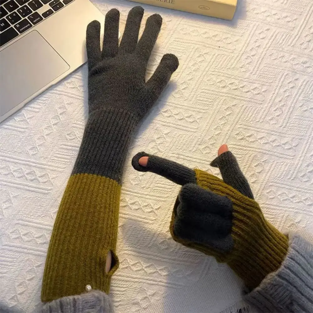 Warm Color Blocked Knitted Gloves Dual-purpose Cold-proof Winter Women Gloves Soft Candy Colored Touchscreen Gloves Gift