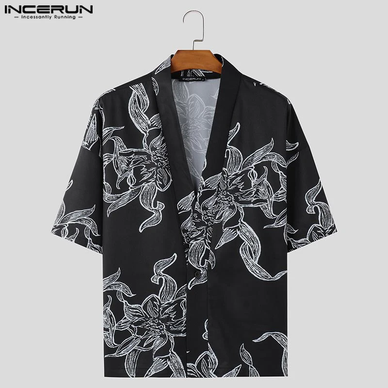 Korean Style Summer Men Printing Sets Casual Half Sleeve Tops Long Elastic Waist Pants Bottun Pocket V-neck Streetwear Oversize