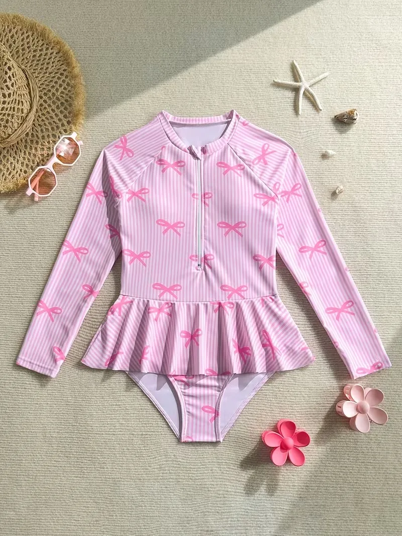 Girls One Piece Long Sleeve Rash Guard Swimsuit Pink Striped Bow Print Peplum Hem Kids Summer Beach Swimwear