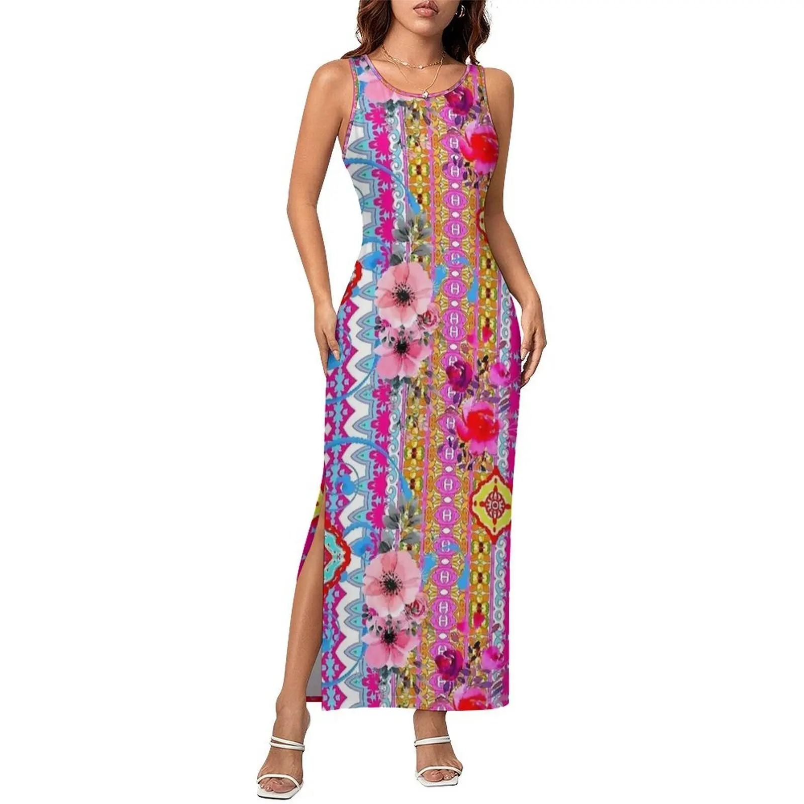 Female Floral Boho Strip Retro Print Dress Fashion Bodycon Dress Spring Sleeveless Vintage Maxi Dresses Design Oversize Vestidos