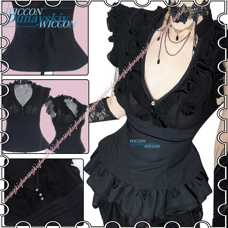 

2026 New Jirai Kei Cosplay Gothic Y2K Women's Top Ruffled Lace-up Short Sleeve Shirt Gothic Lolita Punk Role Play Costume Outfit
