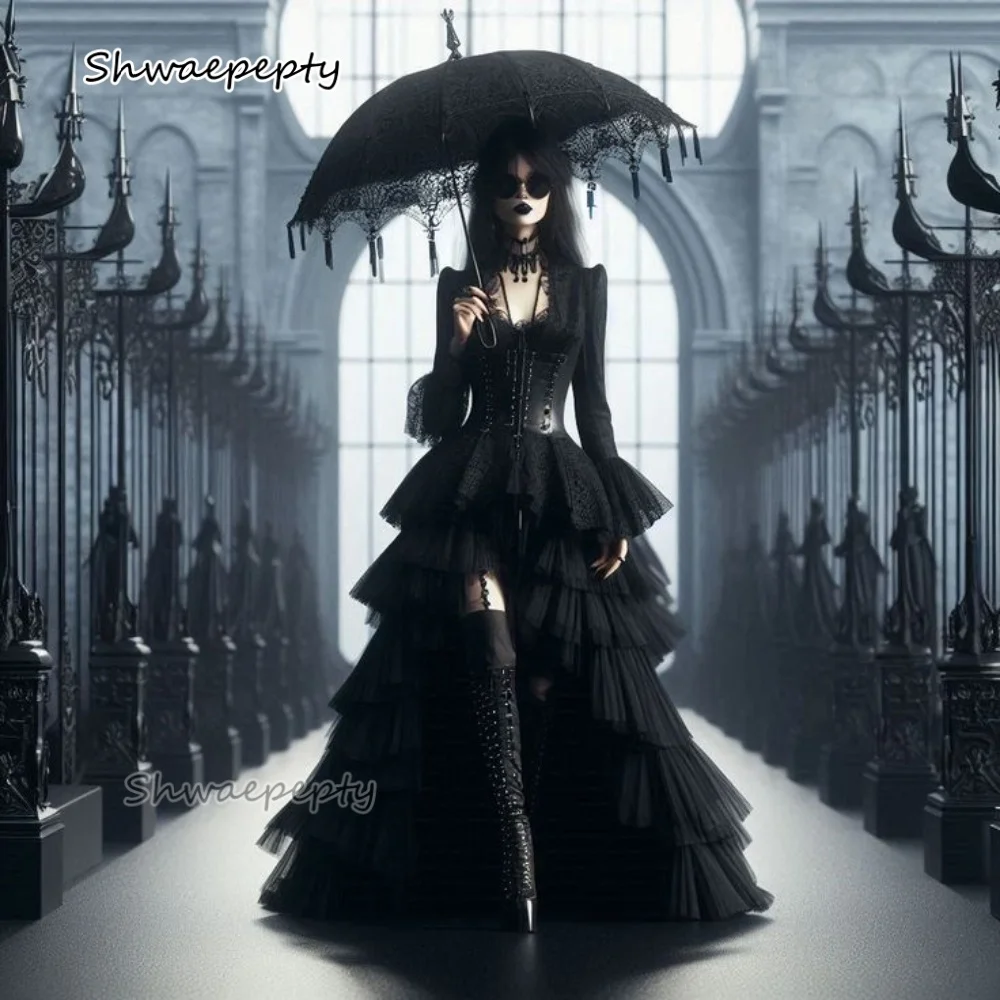 

Gothic Black Prom Dress Tieres Side High Slit A-Line Special Occasion Gowns Long Sleeves Corset Vampire Vestidos Customized
