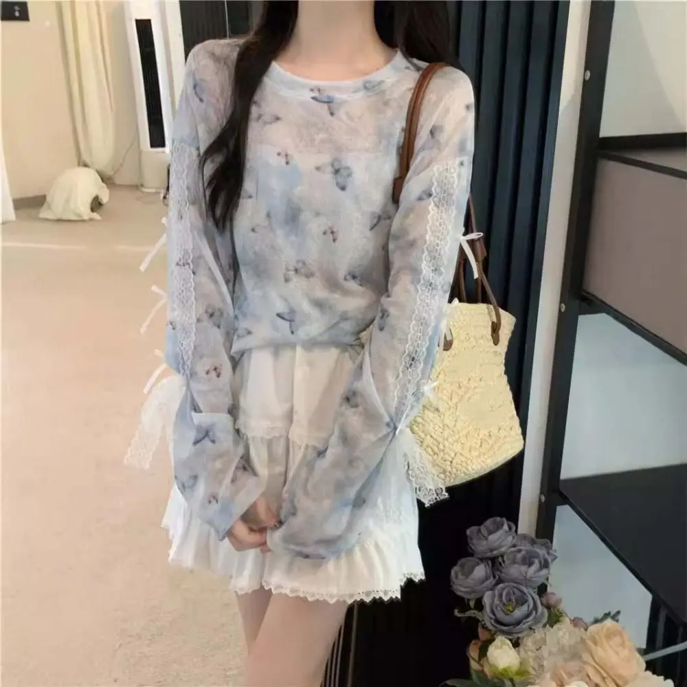 

Transparent Long Sleeve T-shirt Butterfly Round Neck Lace Cover Up Tops Sunscreen Female Beachwear Star Dot Pullover Spring
