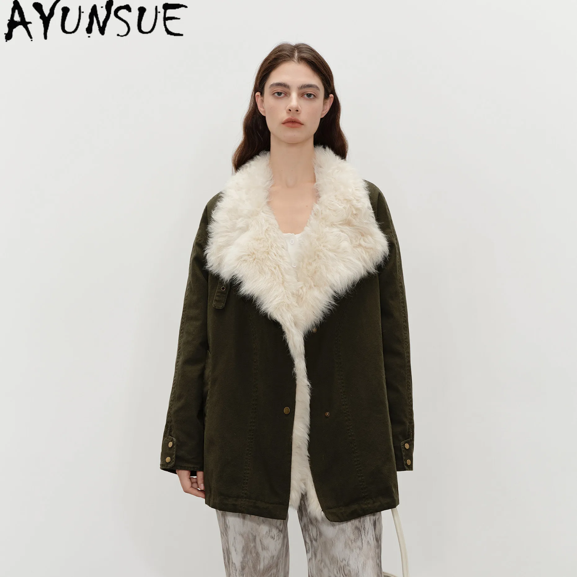 AYUNSUE Natural Tuscany Sheepskin Fur Collar Winter Jacket Women Mid-length Parka Korean Fashion 90% White Duck Down Coats Woman