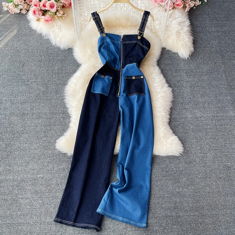 Spring Summer Women Denim Rompers Contrast Colors Wide Legs Straps Jeans Pants Zippers Pockets Jumpsuits Cowboy Overall Trousers