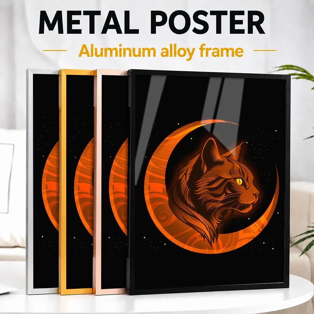 Cat And Crescent Moon Framed Aluminum Metal Poster Customized Digital Illustration Wall Art For Home Office, Animal Lover Gift