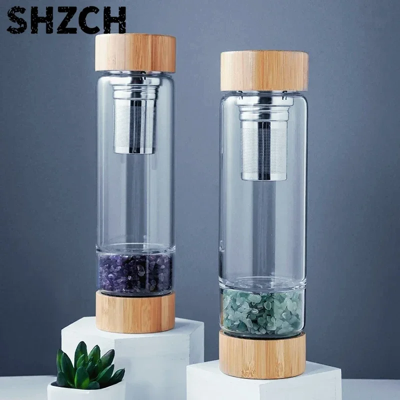 Natural Crystal Crushed Stone Energy Tea Cup Glass Bottle withBamboo Lid Spa Wellness Healing Drinkware for Mind Body Relaxation