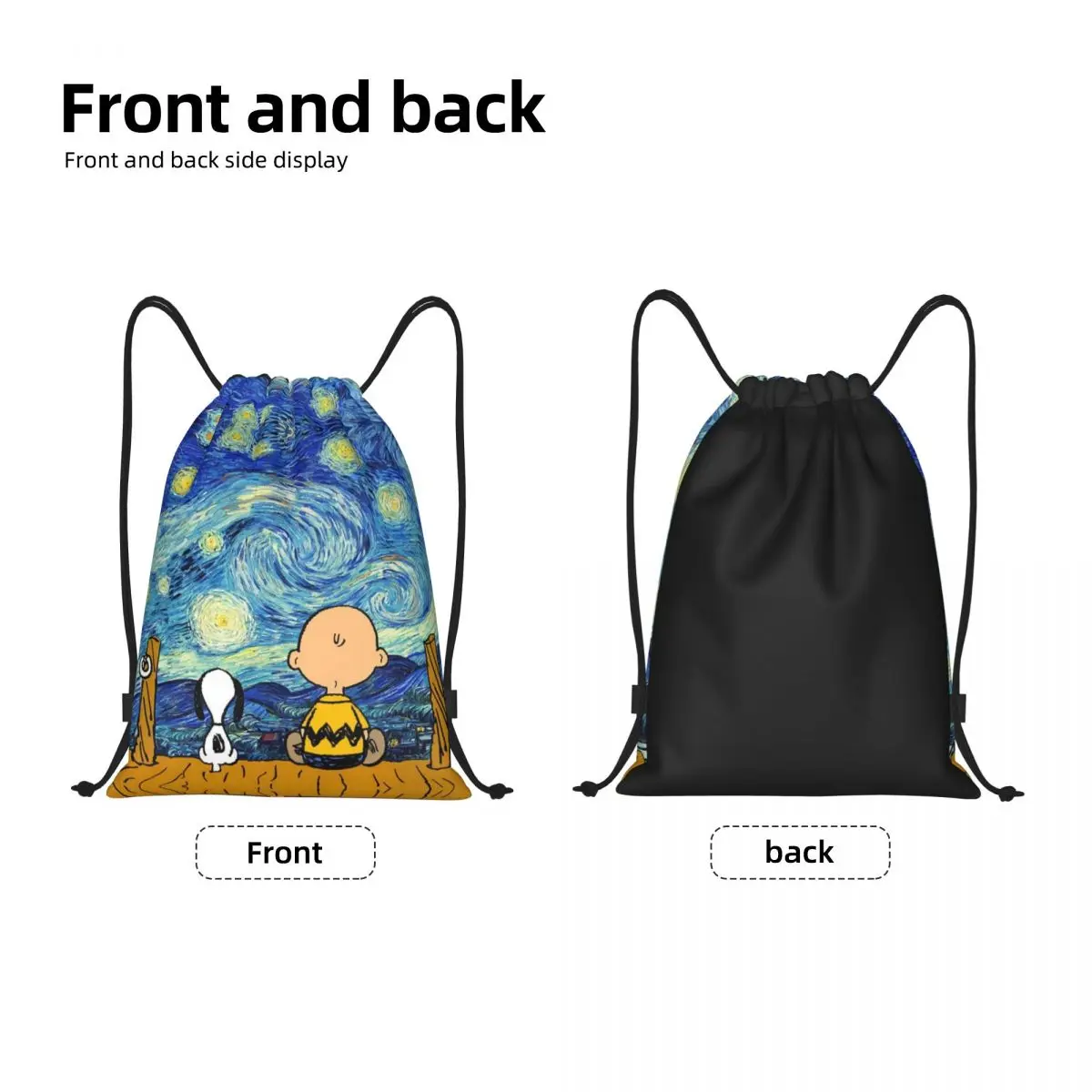 Custom Van Gogh Landscape Snoopys And Charlie Brown Drawstring Backpack Bags Lightweight Peanuts Gym Sports Sackpack Sacks