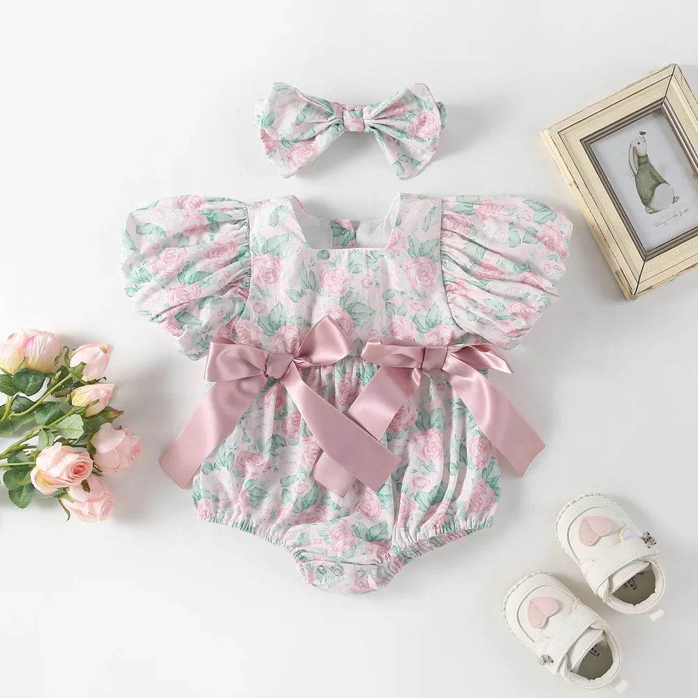 

Fashion rose printing Baby Girls Rompers+Headwear Summer Baby Clothes Princess Sleeveless Toddler Clothing
