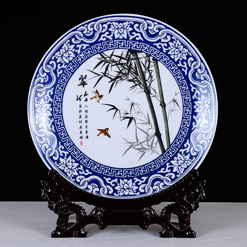 Jingdezhen Ceramic Lscape Plate Blue White Decoration Wood Base House Porcelain Plate Set Wedding Gift Classic