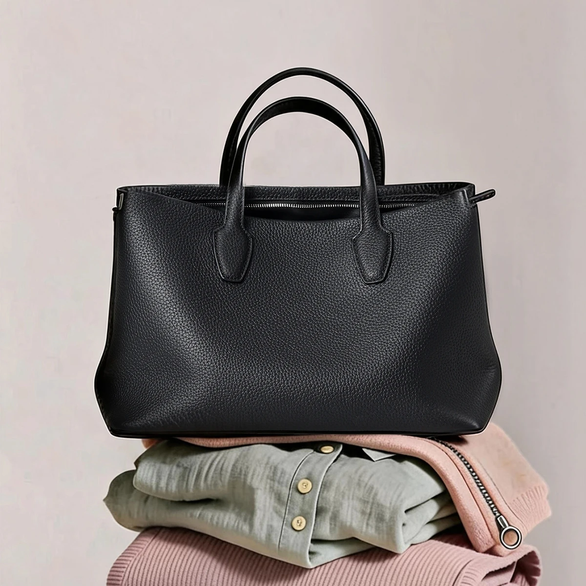 High-End Custom ROW Style Women's Bag, Soft Litchi Grain Calfskin Minimalist Marcel Handheld Tote & Briefcase for Ladies