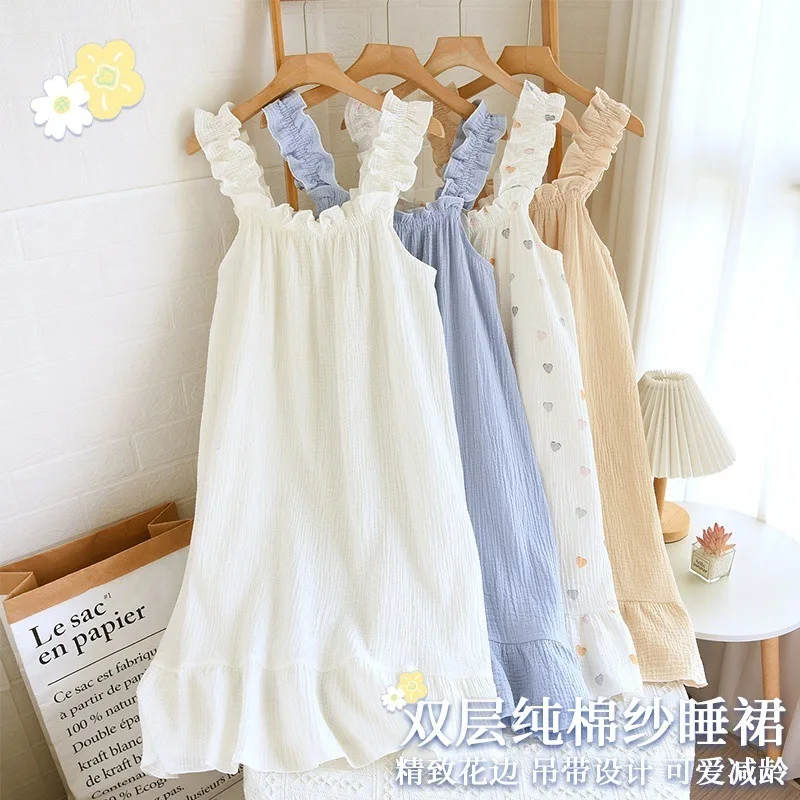 

Ladies Summer Cotton Yarn Pure Cotton Thin Suspender Nightdress Loose Mid-length Sweet and Lovely Long Home Dress Camisola Sexy