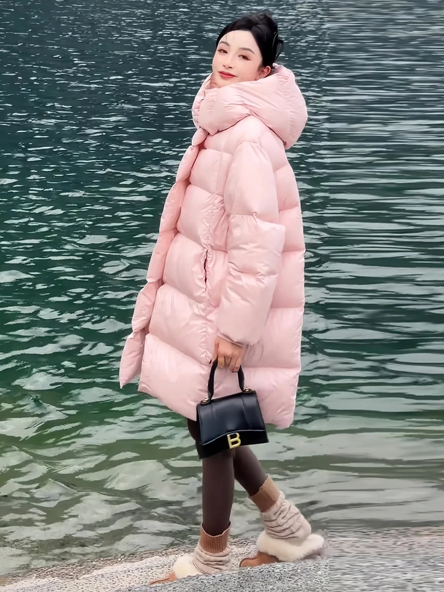 Pink Hooded Mid-Length Puffer Jaet Women's Winter 2025 90 White Du down Loose Thiened Warm Bread Sle Casual Faion