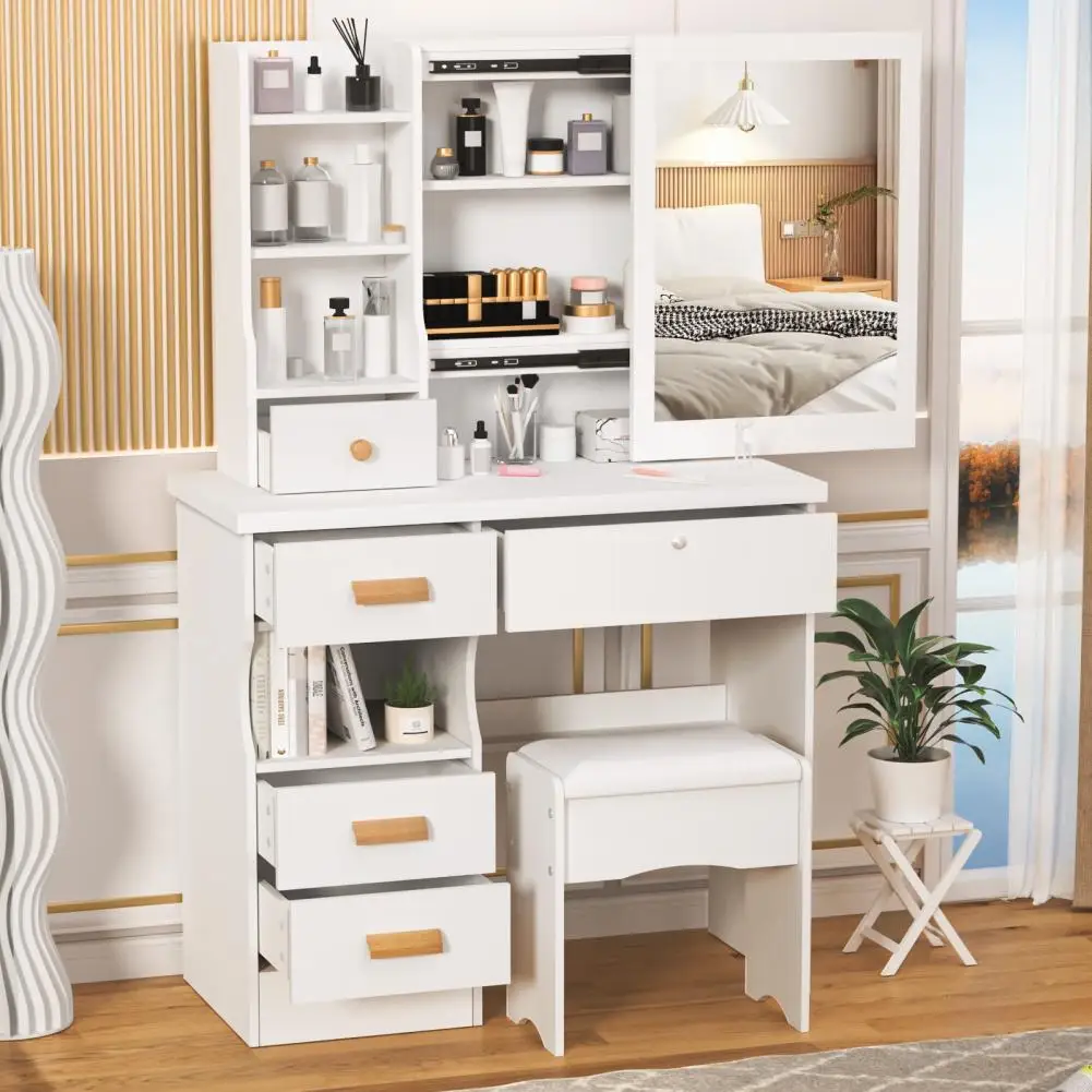 Dressing Table Vanity Desk with Sliding Mirror Bedroom Dressing Table Makeup Table with 5 Drawers & Shelves Hidden Storage Space