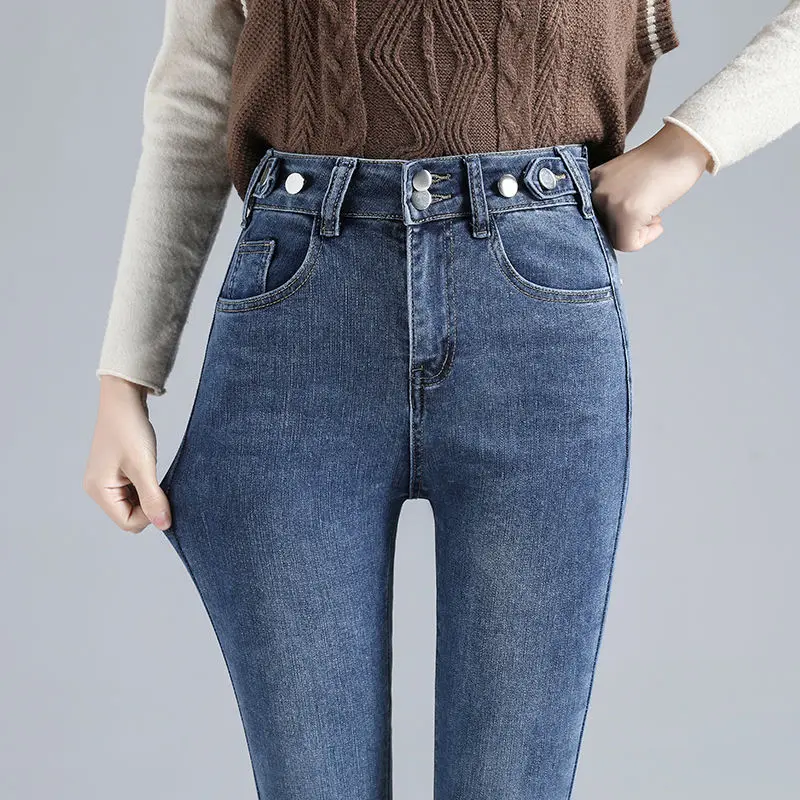 

2022 New Spring Summer High waist Elastic Skinny Jeans Women's Slim Adjustable waist Pencil pants Korean Casual Denim Trousers