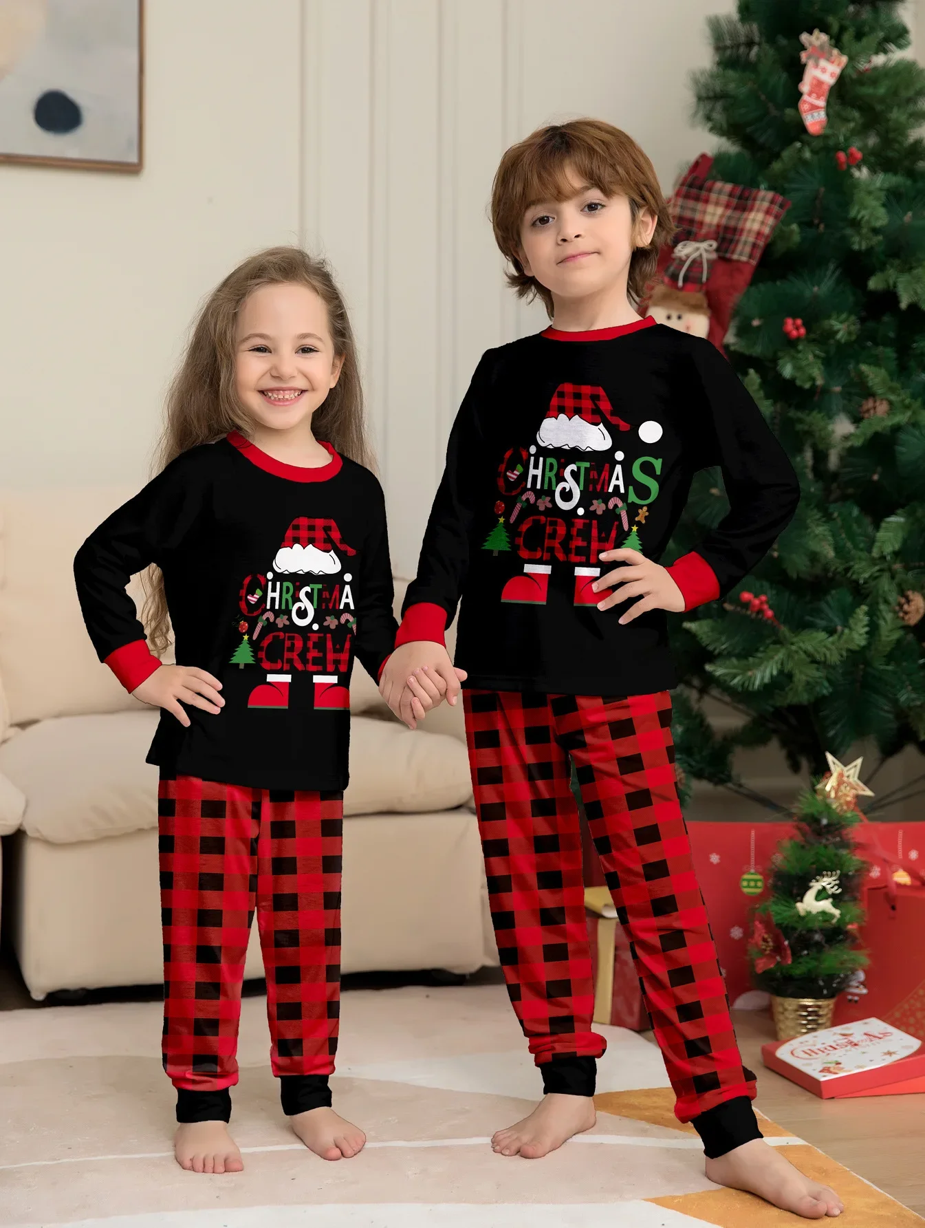 2024 Winter Christmas Crew Print Pajamas Set Mom Daughter Dad Son Matching Clothes Casual Soft Lounge-wear Xmas Gift Family Look