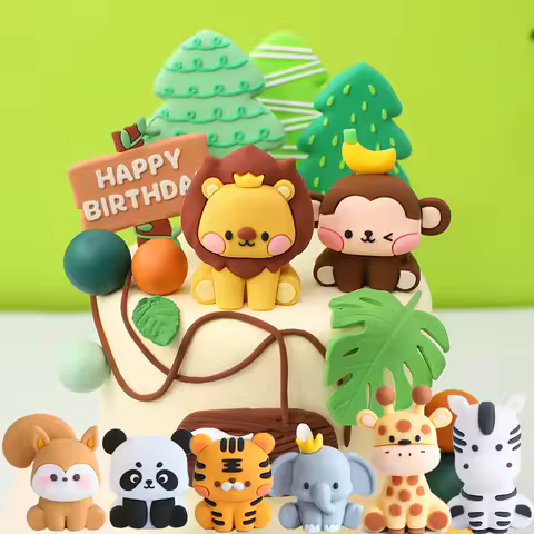 Jungle Safari Animal Cake Topper Lion Giraffe Monkey Elephant for Baby Shower Cake Decoration First Birthday Party Cute Gift