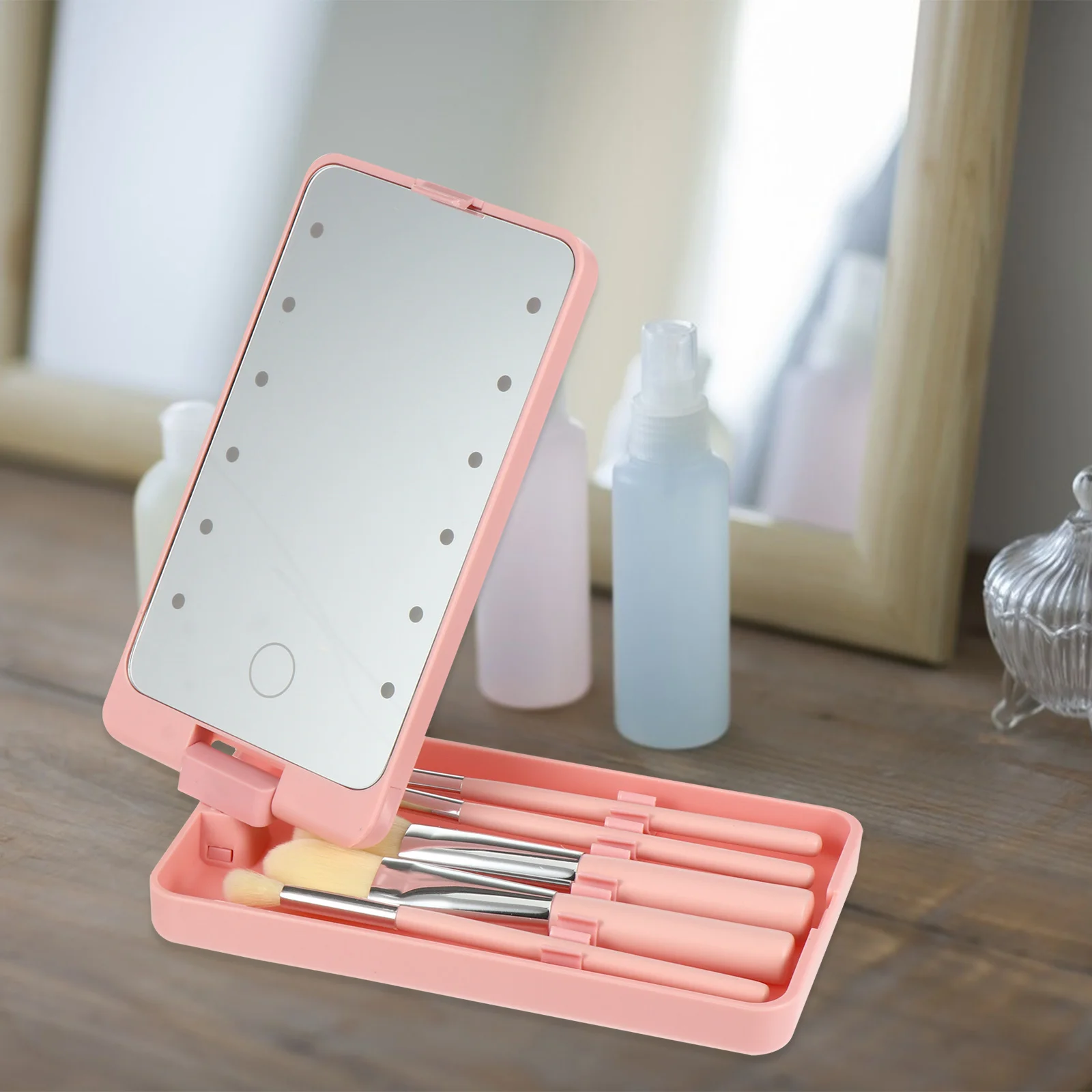 5Pcs Makeup Mirror Set LED Light Folding Travel Mirror with Brush Storage Rotatable Compact Vanity for Women Girls Gift