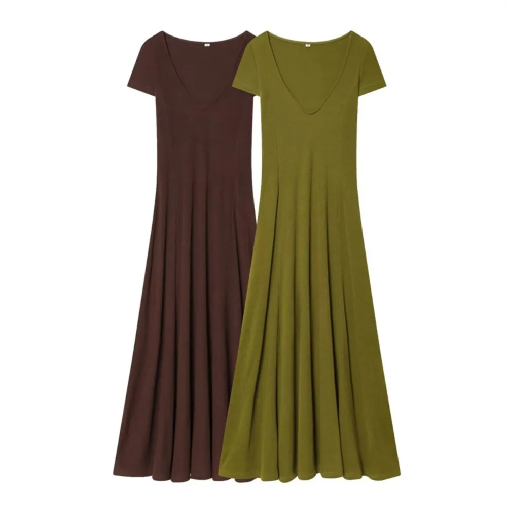 

Elegant Women's Casual Dresses A-line Dress Vestidos Ladies Temperament Simple Style Daily Slim V-link Solid Color Short Sleeves