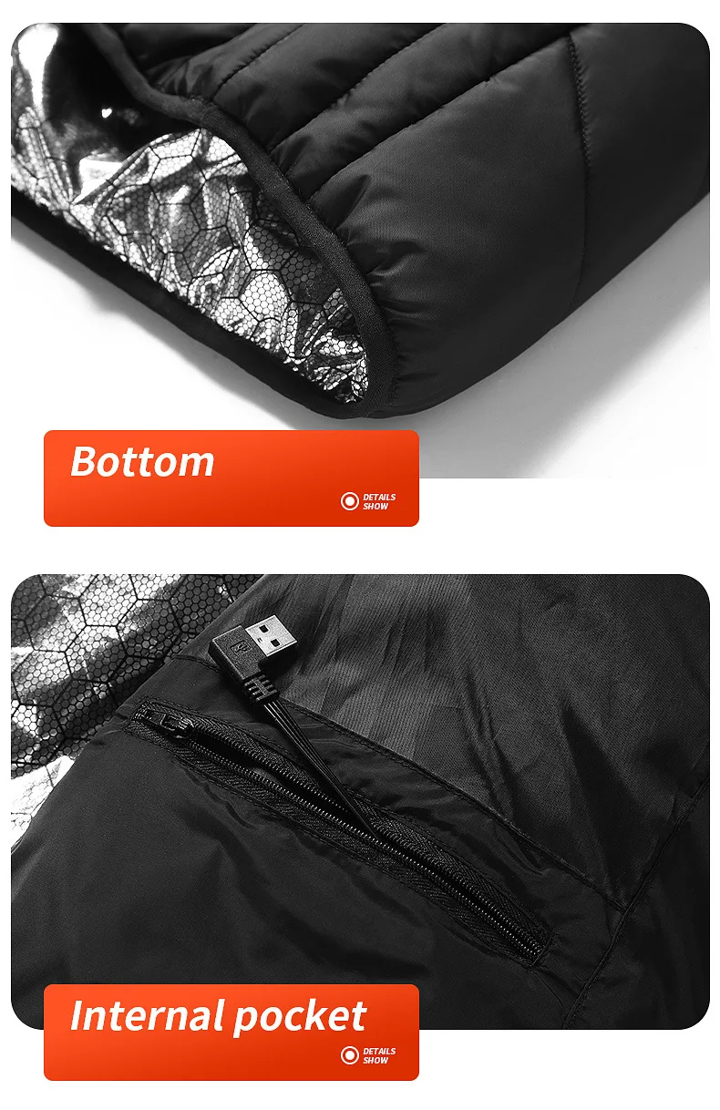 25 beheizte Zonen, elektrisch beheizte Jacken für Herren und Damen, Sportbekleidung, beheizter Mantel, Graphen-Heizmantel, USB-Heizjacke für Camping. – Detail 8