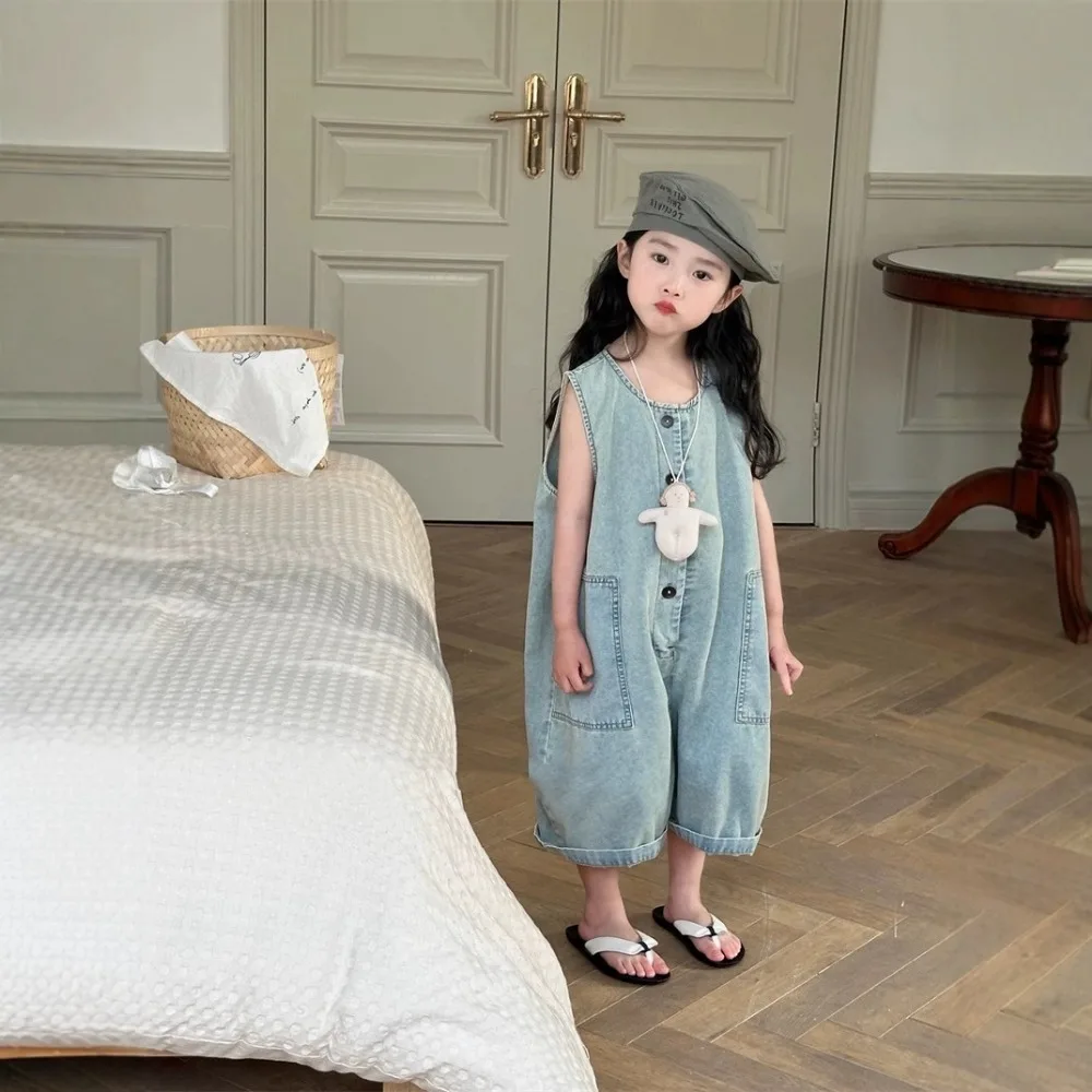 Bear Leader 2025 Summer Solid Color Girls Clothes Cute Kids Jumpsuit Korean Version Fashion Retro Children\'s Clothing 3-7 Years