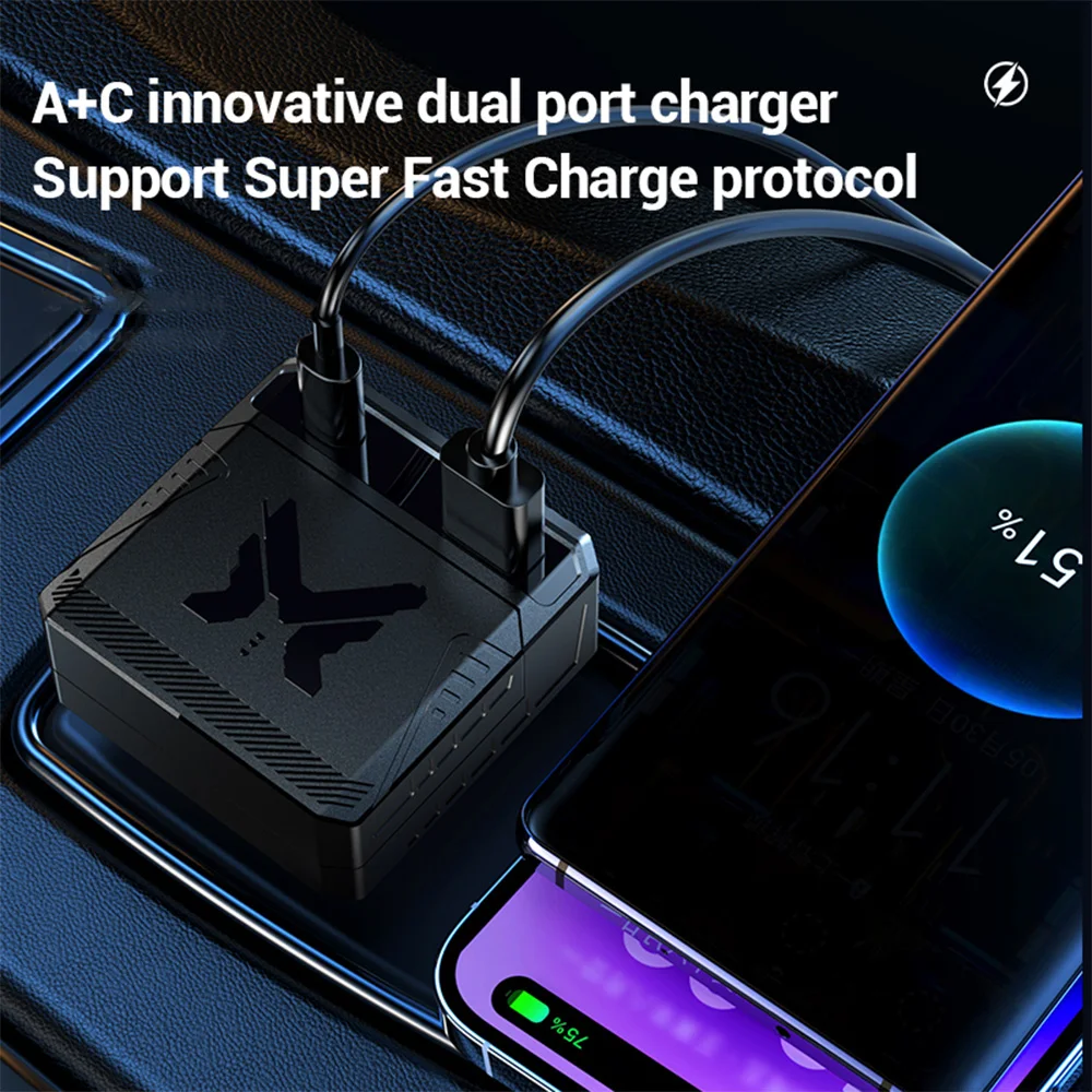 2024 New Car Charger 2-in-1Portable Charger 2000mAh Charging Power For Apple and Android Phones Universal 65 Watt Fast Charging