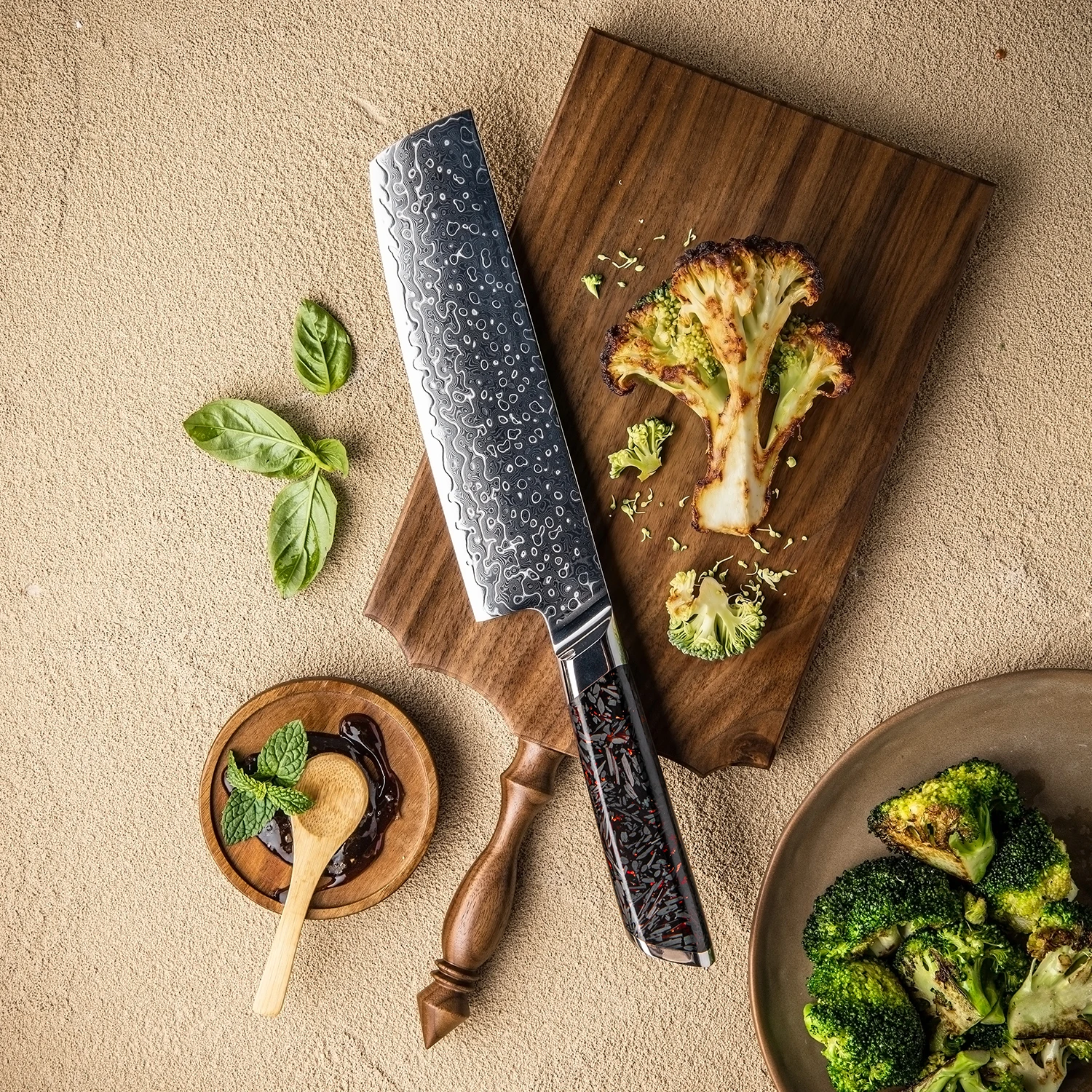 Grandsharp 7''Nakiri Knife With Carbon Fiber+Resin Handle 129 Layers Damascus 10Cr15MoV Steel Perfect For Chopping And Slicing
