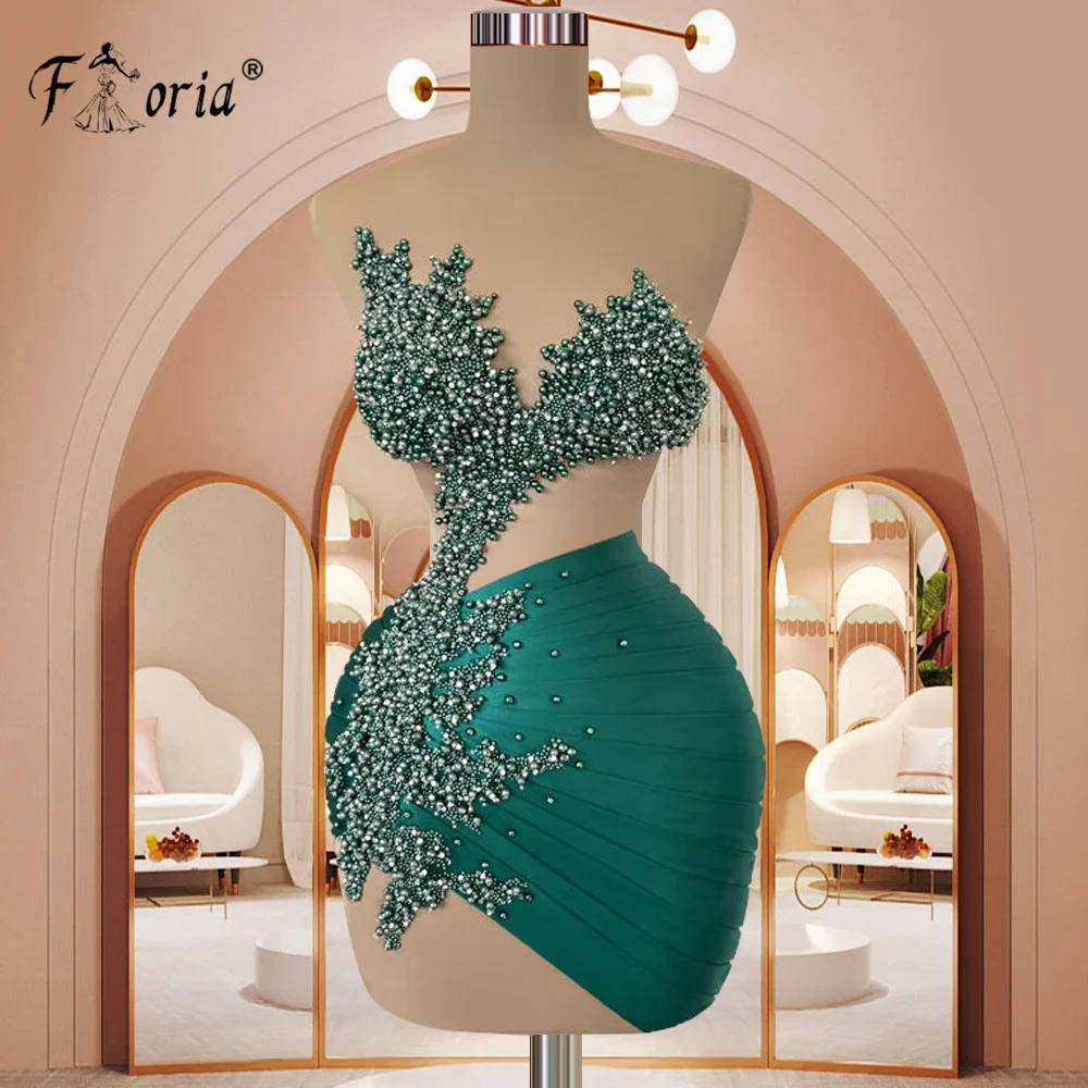 Dark Green Beaded Satin Cocktail Dress Sexy See Through Sheer Short Prom Dresses Custom Made Sleeveless Mini Wear Homecoming New