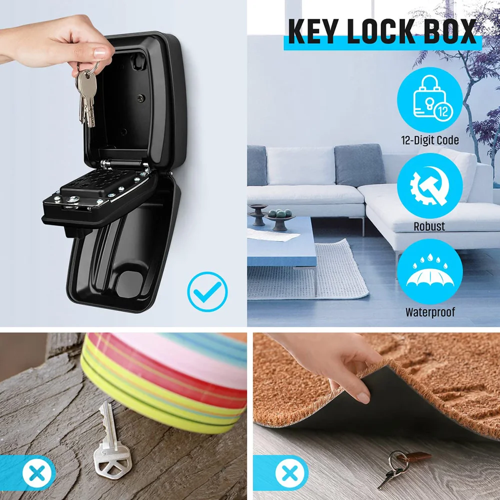 Imagem -03 - Impermeável Wall Mount Key Lock Box Segurança Lockbox Combinação de 12 Dígitos Resettable Grande Capacidade Casa Garagem Escritório