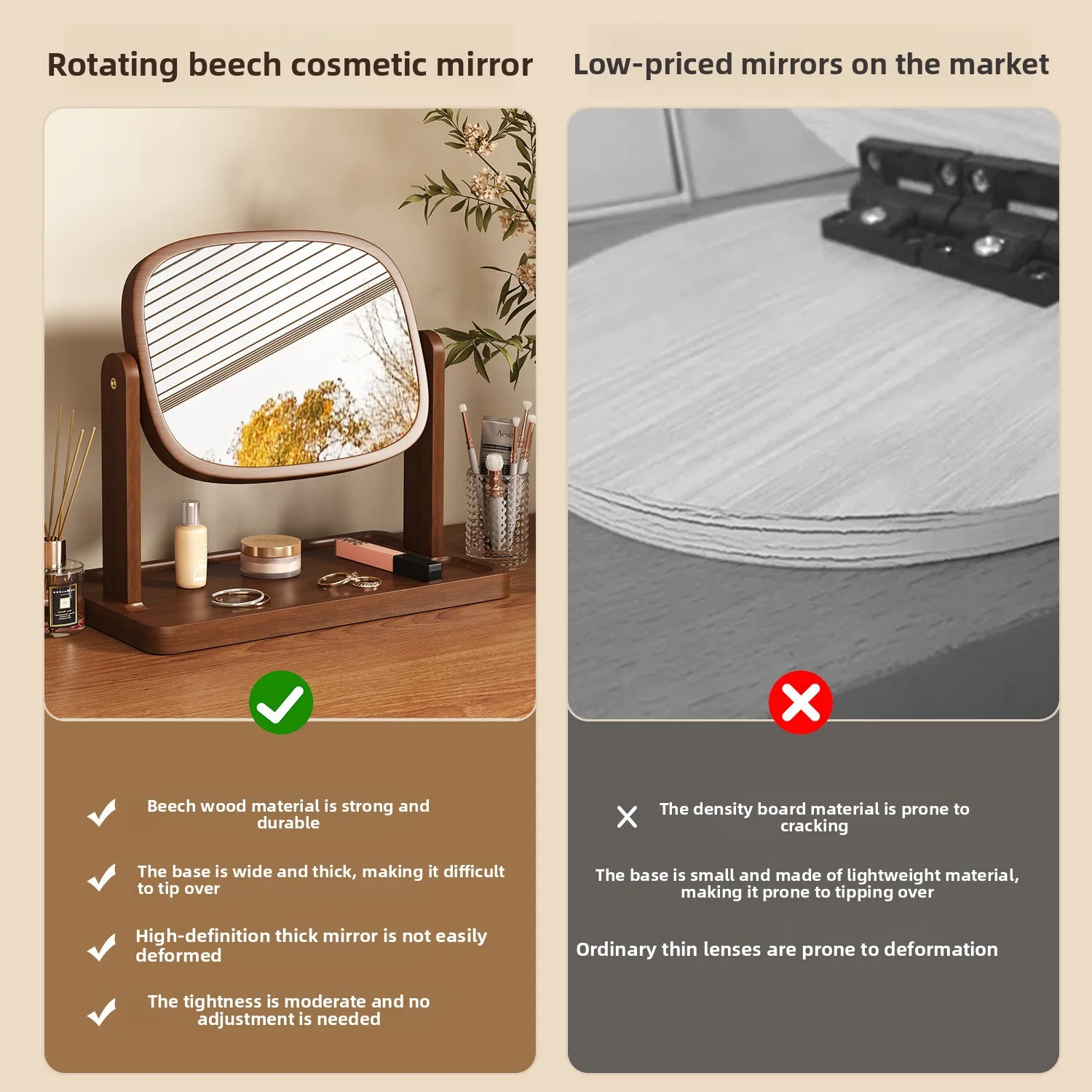 Solid Wood Desktop Desktop Storage Large Vanity Mirror Rotating Square Vanity Mirror Retro Vanity Mirror Compact Mirror