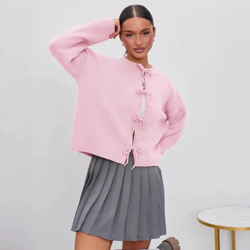 

Winter Cardigan Women Knitted Tie Up Soft Skinny Retro Solid Color Autumn Top Casual Comfortable Versatile Niche Design Simple