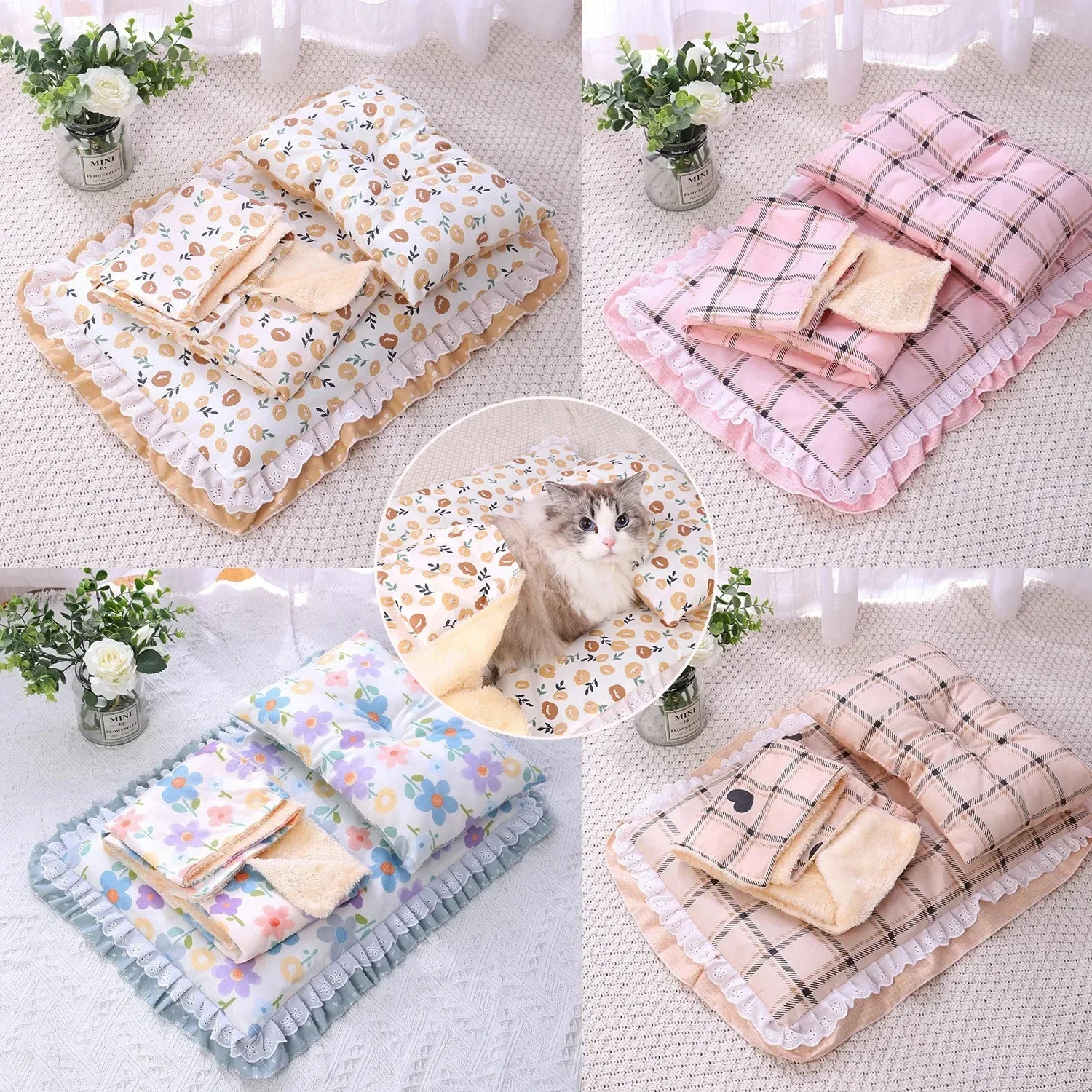 Cute Cat Bed With Pillow Universal Princess Nest Dog Kennel Pet Cushion Small Medium Cat Sleeping Bed Pet Blanket 3PCS/Set