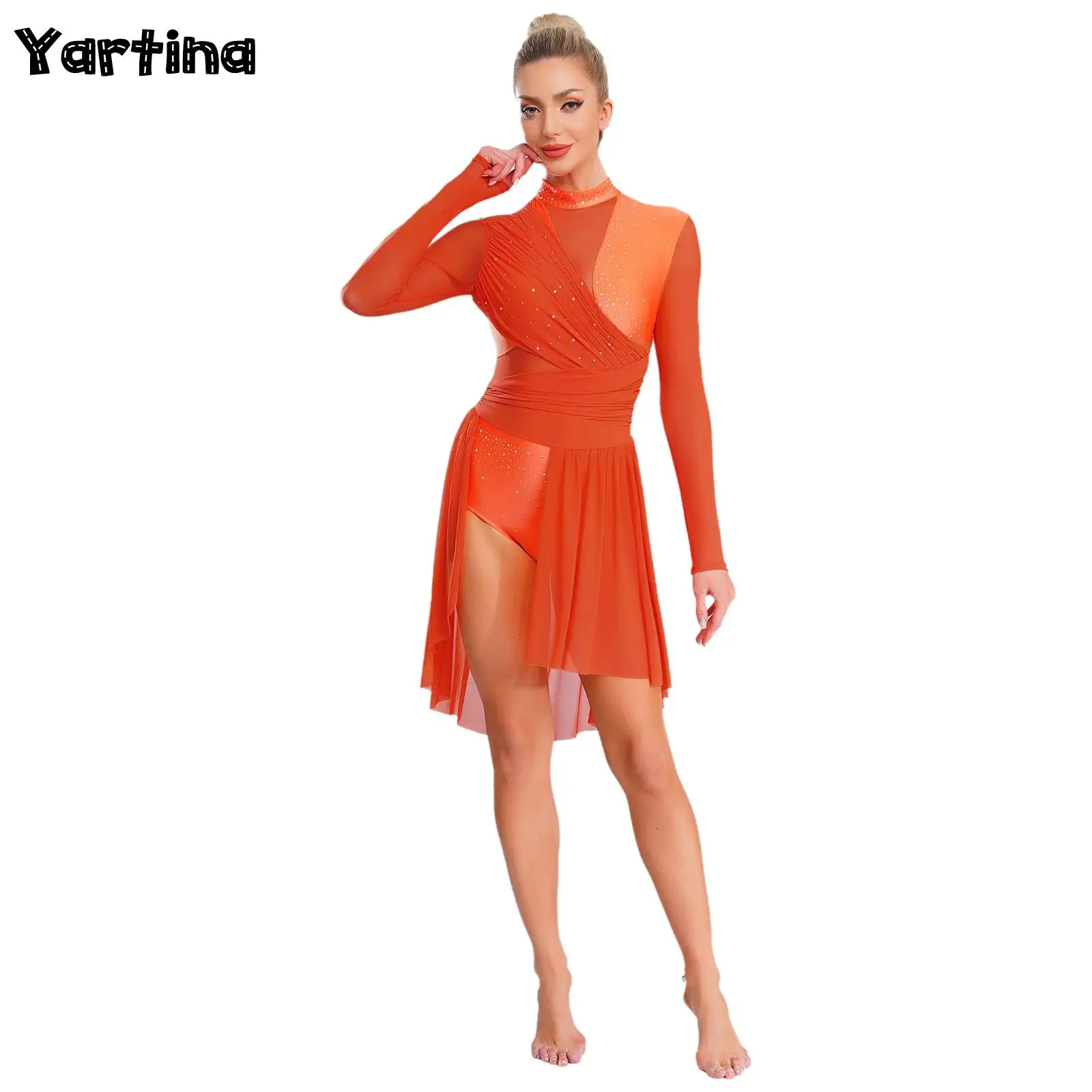 Vestido feminino de balé, dança lírica, brilhante, strass, manga comprida, franzido, costas nuas, collant, trajes de dança contemporânea