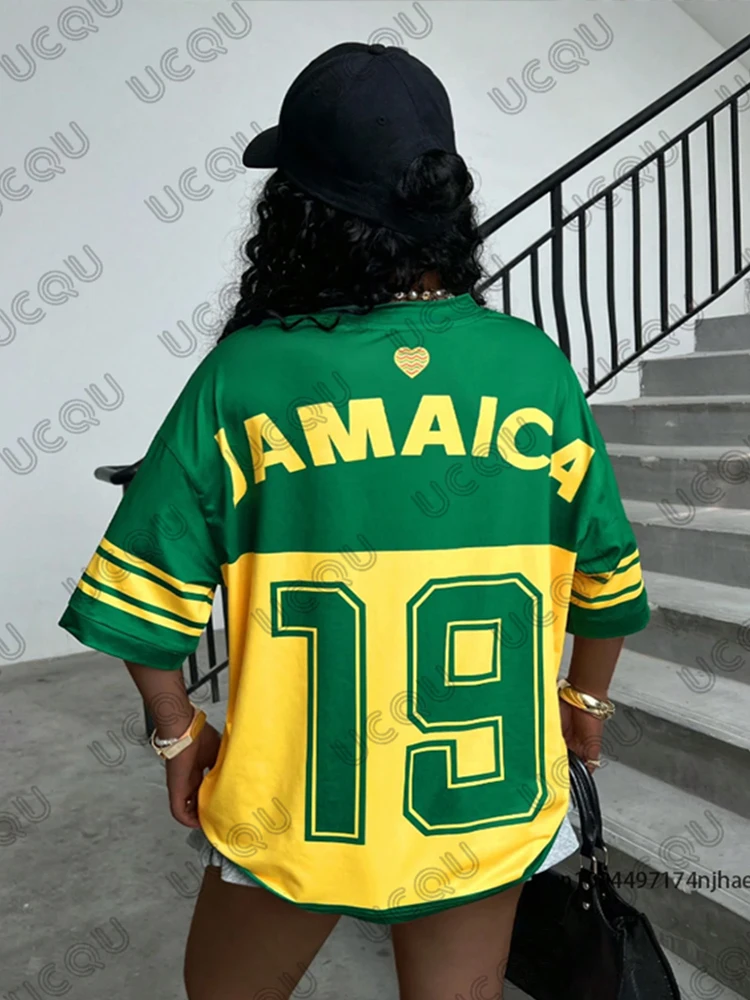 2025 صيف جديد جامايكا No.19 طباعة المرأة تي شيرت الخامس الرقبة المرقعة قصيرة الأكمام كرة قدم رياضية جيرسي Y2K فضفاض المتضخم القمم