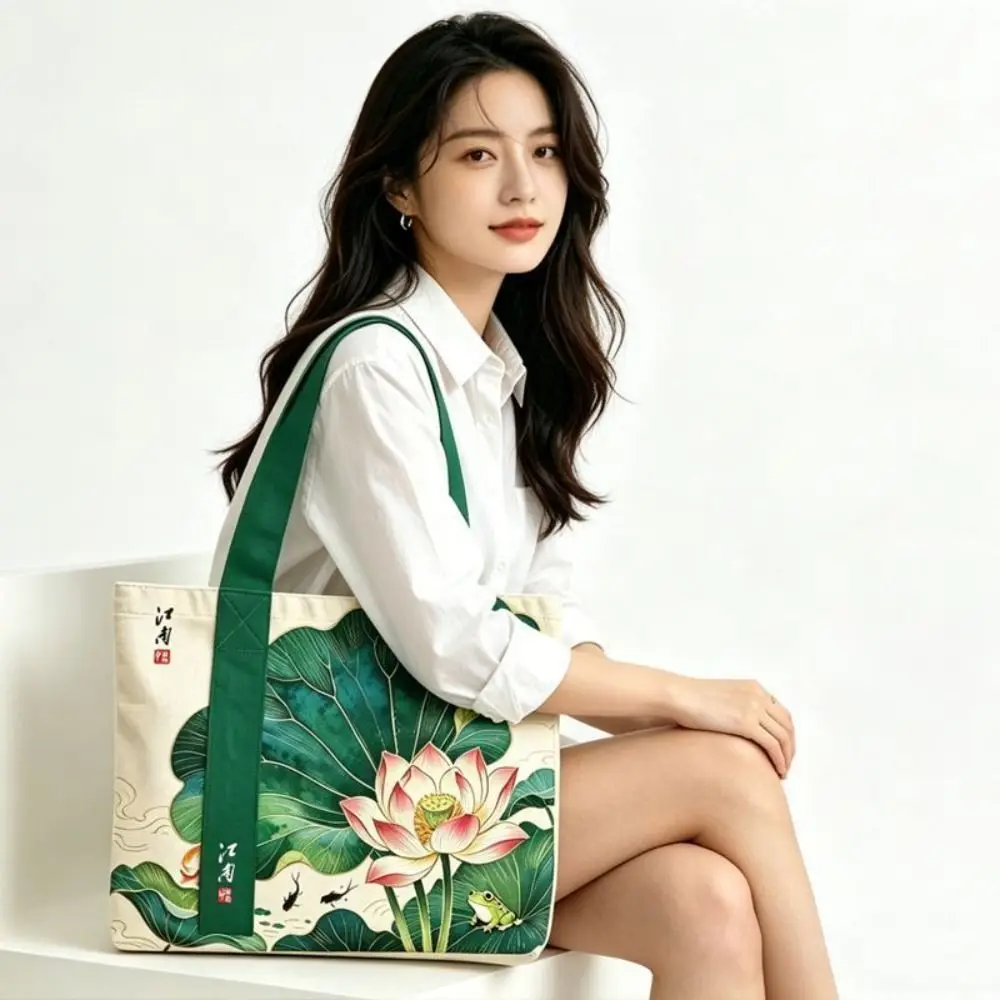 Durable Floral Canvas Bag Reusable Lightweight Shoulder Bag Versatile Large Capacity Tote Bag Women's Accessories