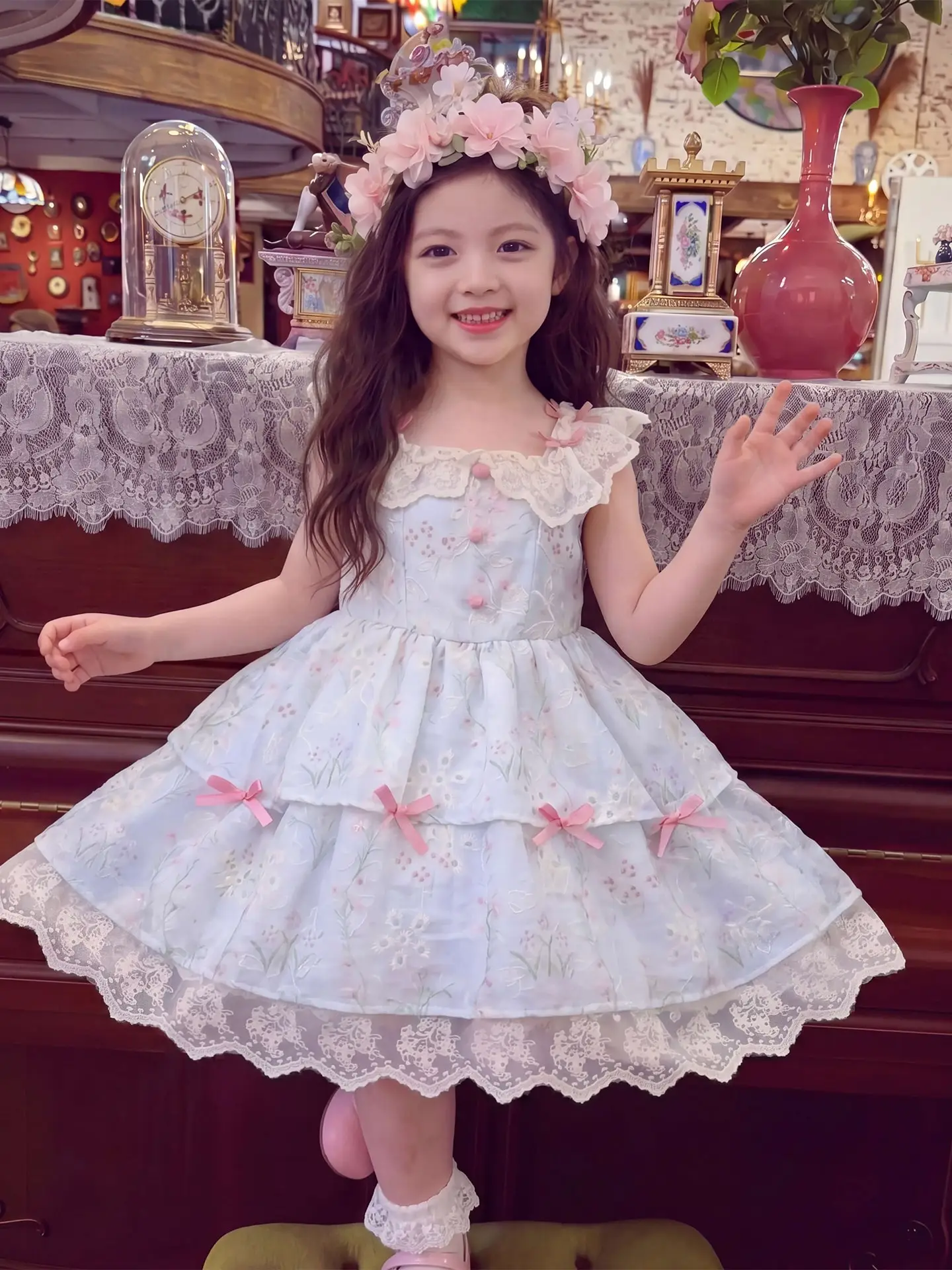 girls-summer-dress-princess-style-strapless-countryside-a-line-skirt-short-sleeve-high-waist-children's-fashion-clothing