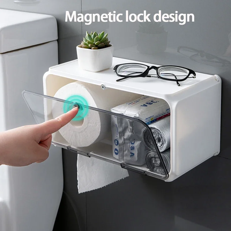 Wall Mounted Toilet Paper Holder Waterproof Tray Roll Tube Toilet Paper Storage Box Tray Tissue Box Shelf Bathroom Accessories