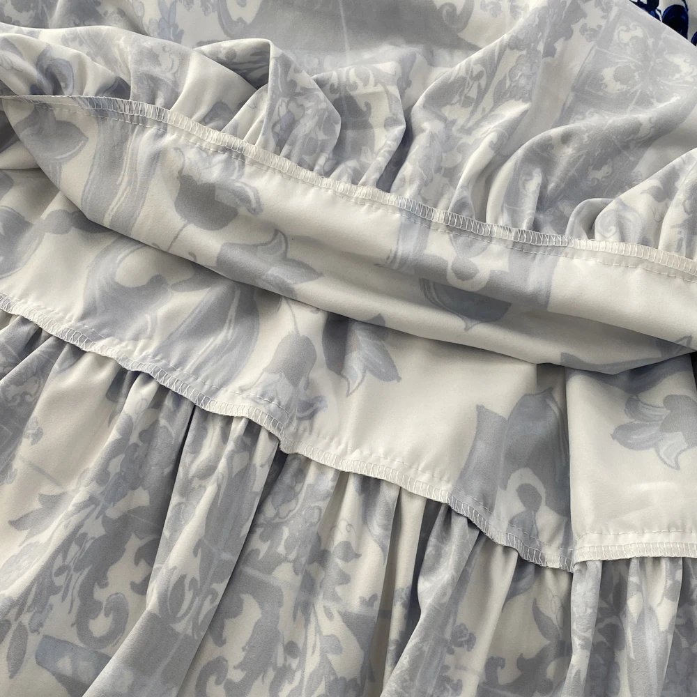 Summer Fashion Runway Midi Dress Women's Cool Shoulder Flare Sleeve Blue and White Porcelain Printing Holiday Beach Vestidos